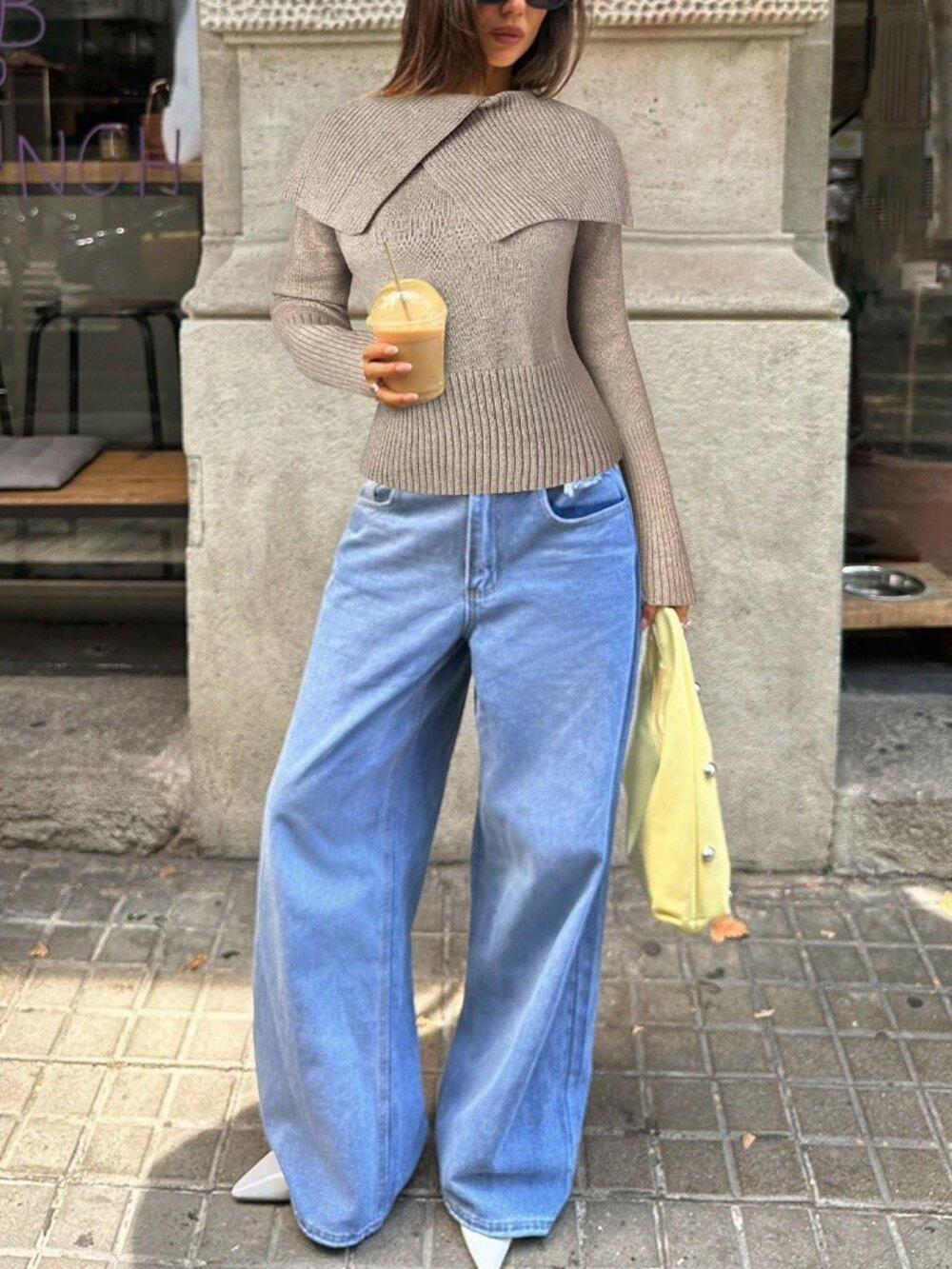Khaki Casual Women's oversized collar Long Sleeve Sweater - Picture 4 of 7